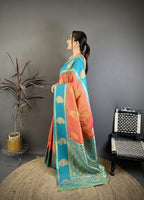 Elora Peach Soft Silk Gold Zari Woven Butta Banarasi Saree | Grocsy