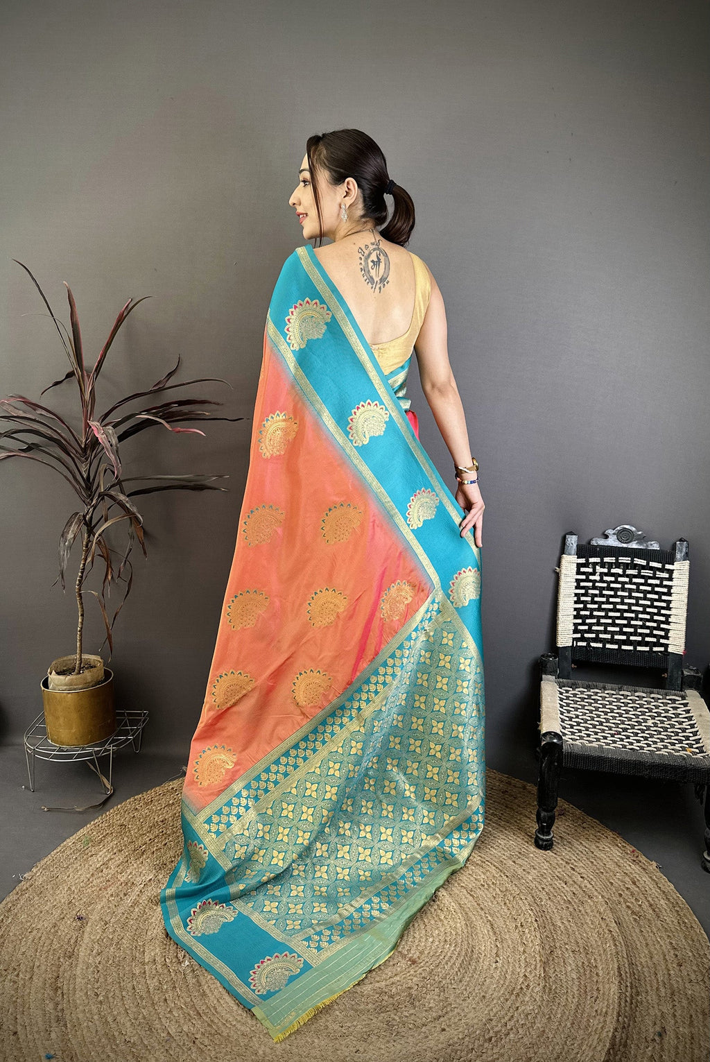 Elora Peach Soft Silk Gold Zari Woven Butta Banarasi Saree | Grocsy