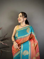 Elora Peach Soft Silk Gold Zari Woven Butta Banarasi Saree | Grocsy