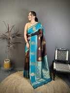 Elora Brown Soft Silk Gold Zari Woven Butta Banarasi Saree | Grocsy