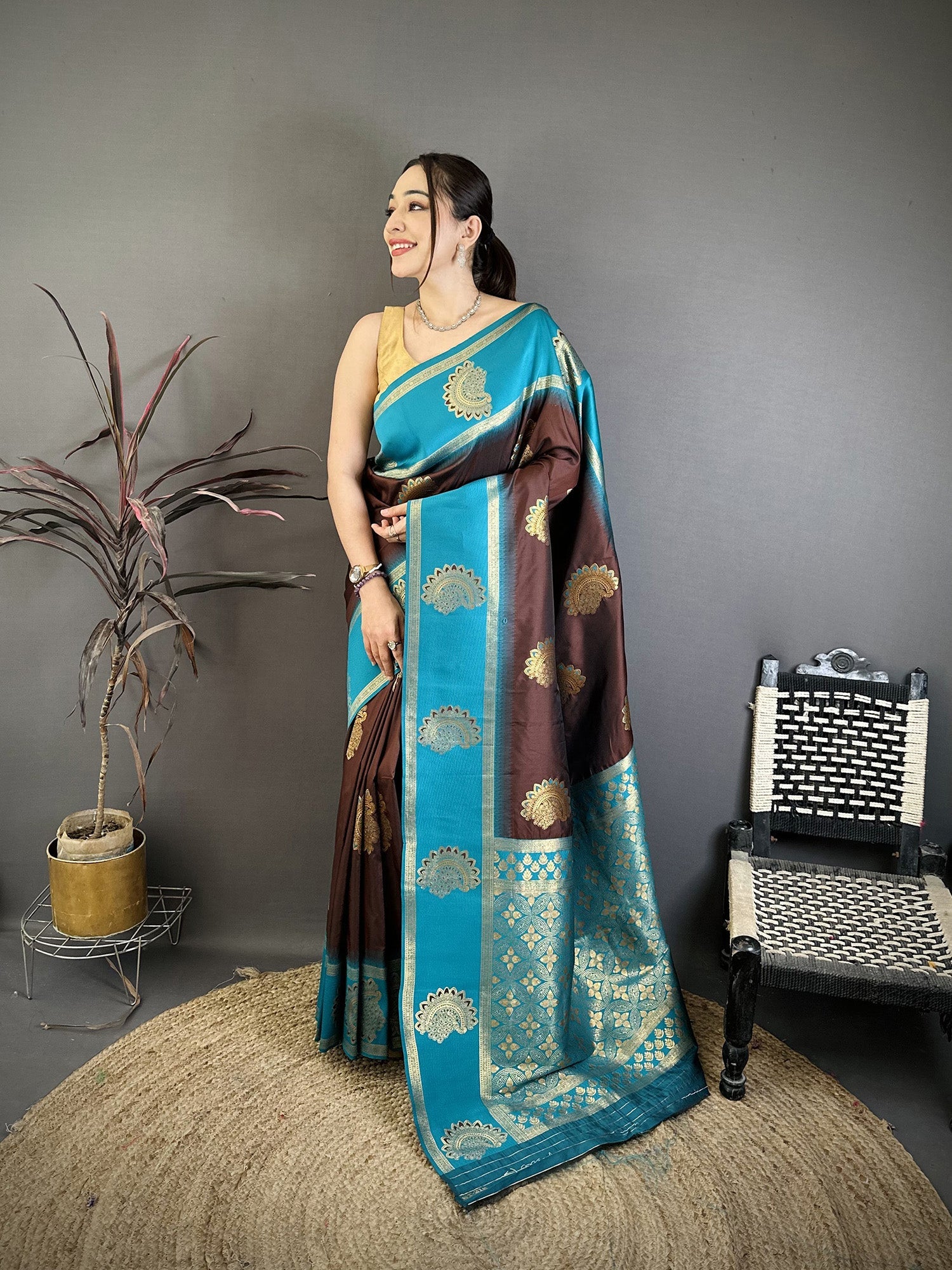 Elora Brown Soft Silk Gold Zari Woven Butta Banarasi Saree | Grocsy