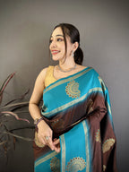 Elora Brown Soft Silk Gold Zari Woven Butta Banarasi Saree | Grocsy