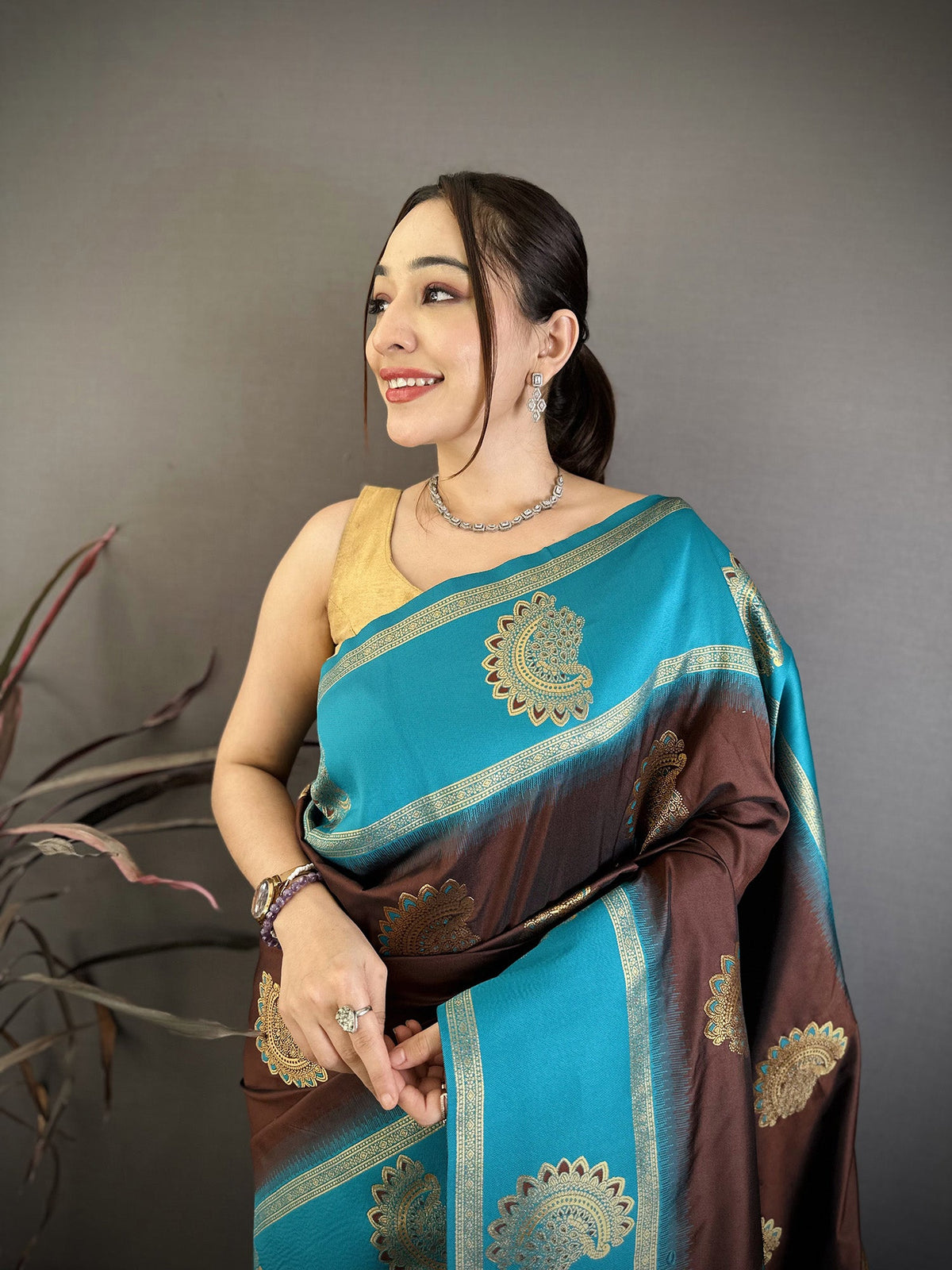 Elora Brown Soft Silk Gold Zari Woven Butta Banarasi Saree | Grocsy