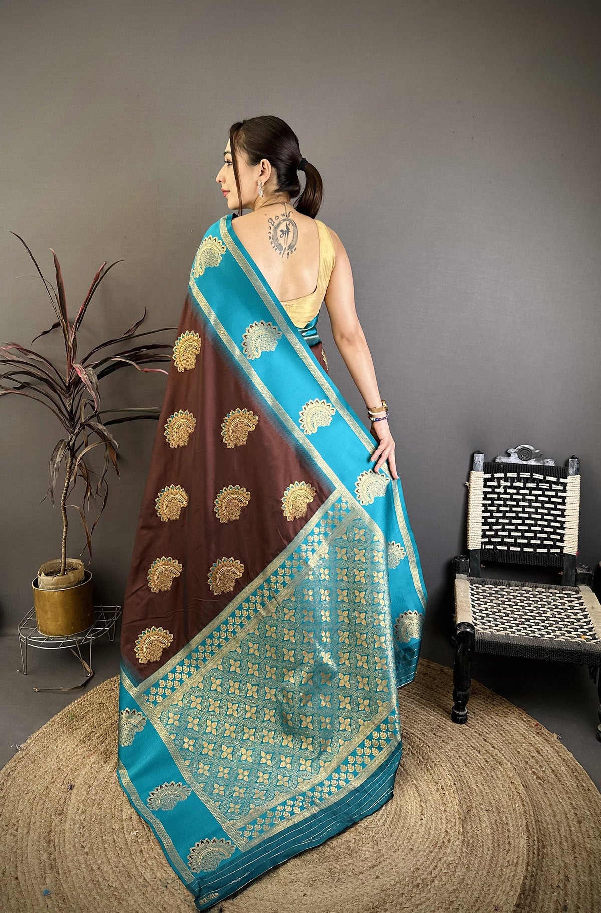 Elora Brown Soft Silk Gold Zari Woven Butta Banarasi Saree | Grocsy