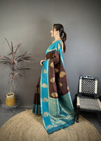 Elora Brown Soft Silk Gold Zari Woven Butta Banarasi Saree | Grocsy