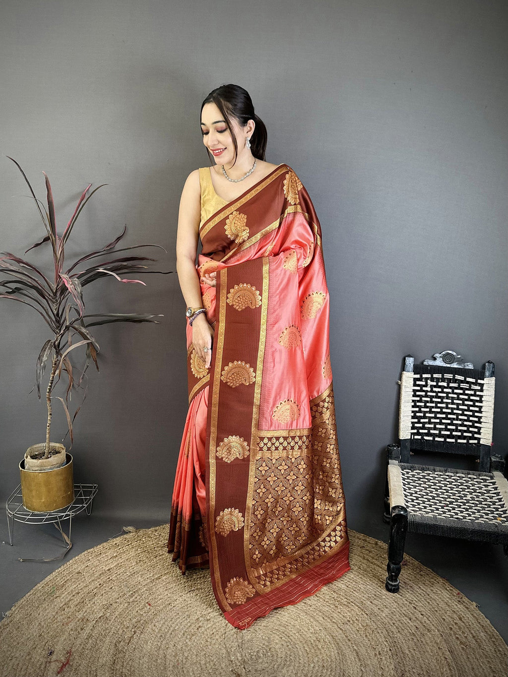 Elora Peach Soft Silk Gold Zari Woven Butta Banarasi Saree | Grocsy