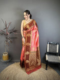 Elora Peach Soft Silk Gold Zari Woven Butta Banarasi Saree | Grocsy
