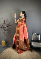 Elora Peach Soft Silk Gold Zari Woven Butta Banarasi Saree | Grocsy