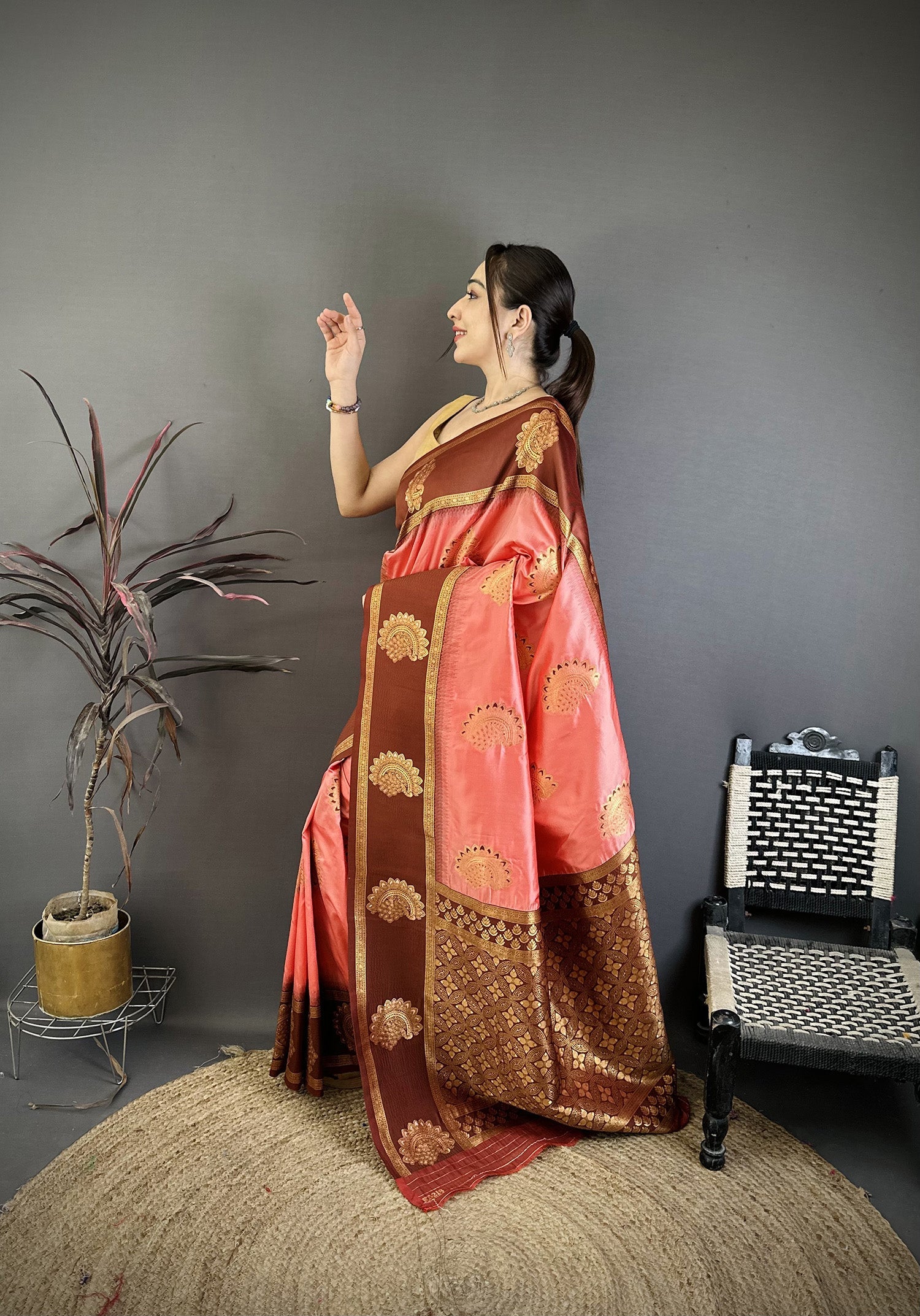 Elora Peach Soft Silk Gold Zari Woven Butta Banarasi Saree | Grocsy