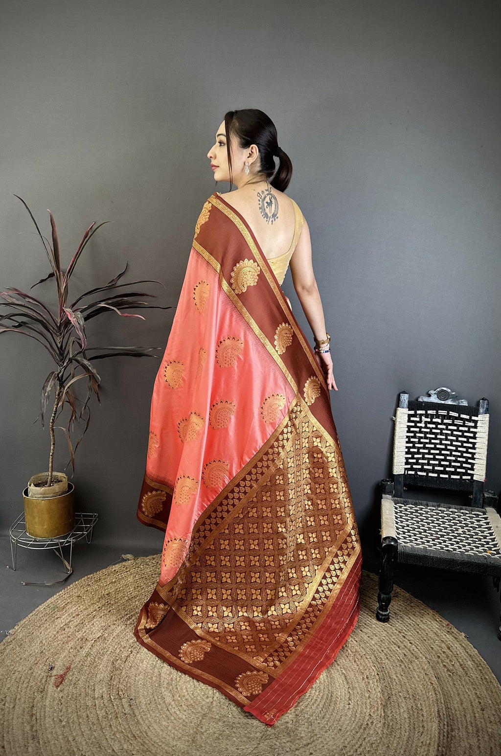 Elora Peach Soft Silk Gold Zari Woven Butta Banarasi Saree | Grocsy