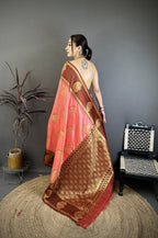 Elora Peach Soft Silk Gold Zari Woven Butta Banarasi Saree | Grocsy