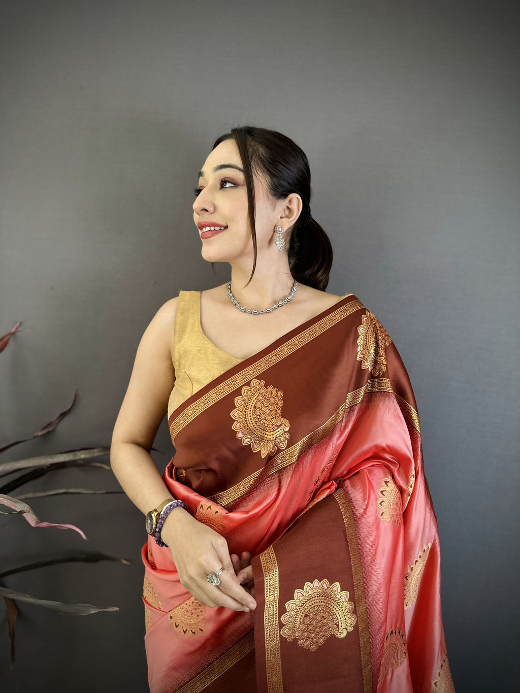 Elora Peach Soft Silk Gold Zari Woven Butta Banarasi Saree | Grocsy