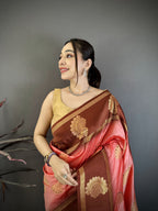 Elora Peach Soft Silk Gold Zari Woven Butta Banarasi Saree | Grocsy