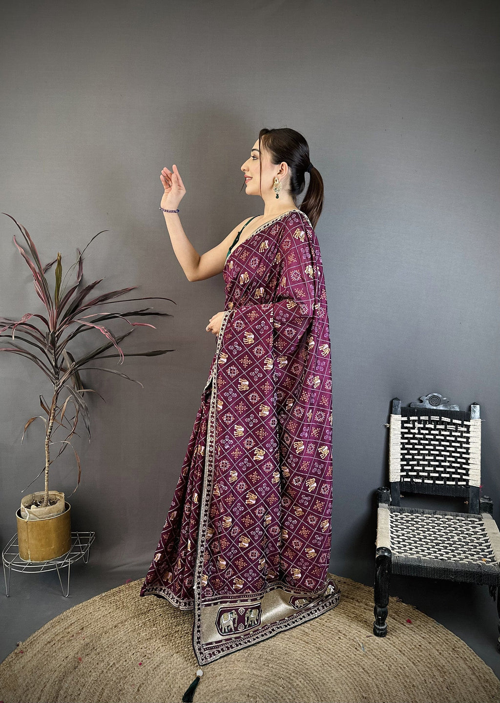 Elora Wine Vichitra Silk Animal Motifs Foil Print Sequence & Zari Embroidery Work Bandhani Saree | Grocsy