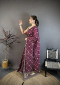 Elora Wine Vichitra Silk Animal Motifs Foil Print Sequence & Zari Embroidery Work Bandhani Saree | Grocsy