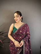 Elora Wine Vichitra Silk Animal Motifs Foil Print Sequence & Zari Embroidery Work Bandhani Saree | Grocsy