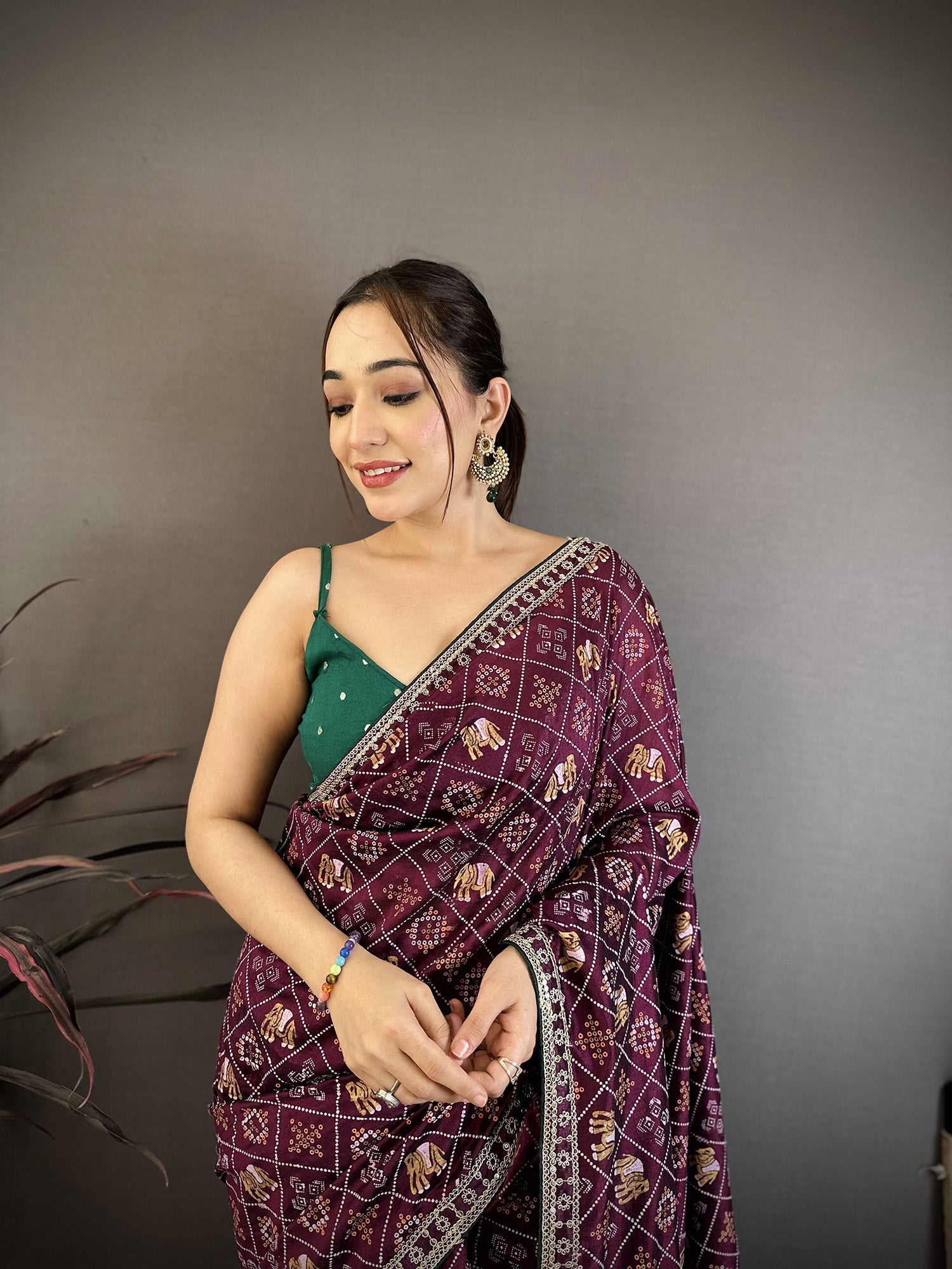 Elora Wine Vichitra Silk Animal Motifs Foil Print Sequence & Zari Embroidery Work Bandhani Saree | Grocsy
