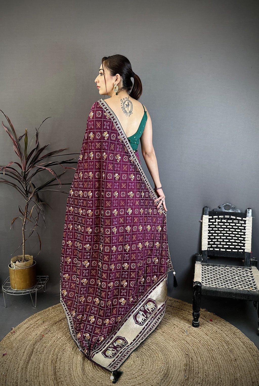 Elora Wine Vichitra Silk Animal Motifs Foil Print Sequence & Zari Embroidery Work Bandhani Saree | Grocsy