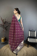 Elora Wine Vichitra Silk Animal Motifs Foil Print Sequence & Zari Embroidery Work Bandhani Saree | Grocsy