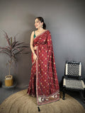 Elora Maroon Vichitra Silk Animal Motifs Foil Print Sequence & Zari Embroidery Work Bandhani Saree | Grocsy