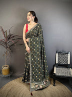 Elora Dark Green Vichitra Silk Animal Motifs Foil Print Sequence Embroidery Work Bandhani Saree | Grocsy