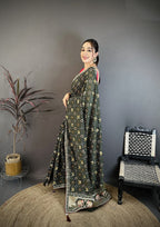 Elora Dark Green Vichitra Silk Animal Motifs Foil Print Sequence Embroidery Work Bandhani Saree | Grocsy