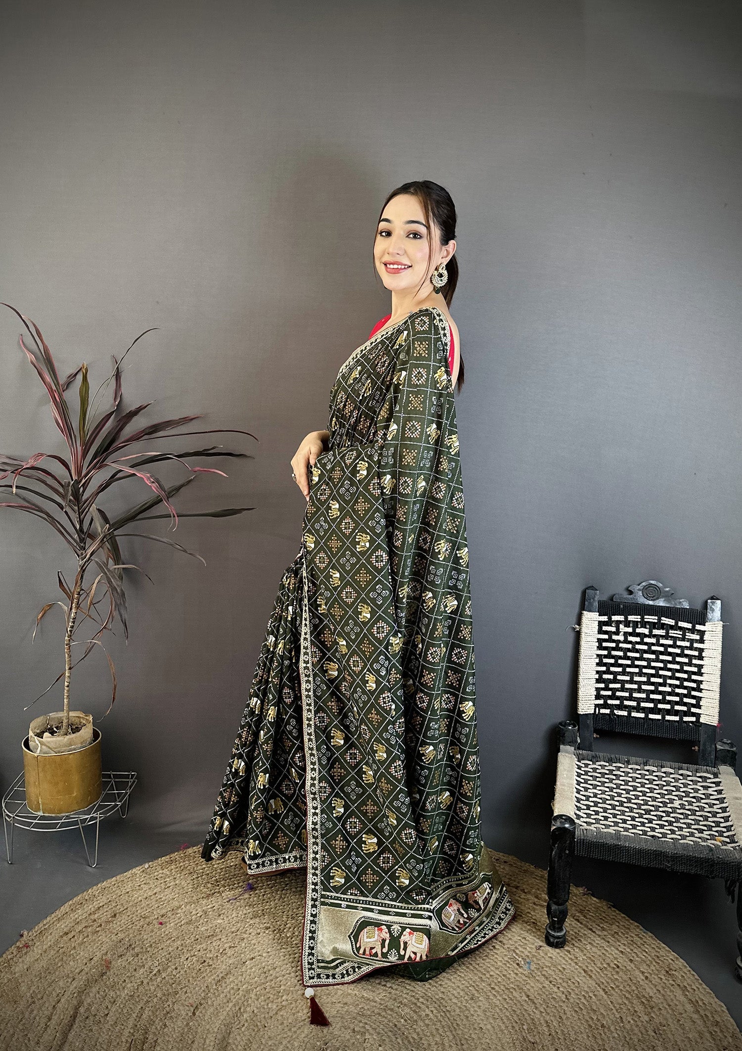 Elora Dark Green Vichitra Silk Animal Motifs Foil Print Sequence Embroidery Work Bandhani Saree | Grocsy