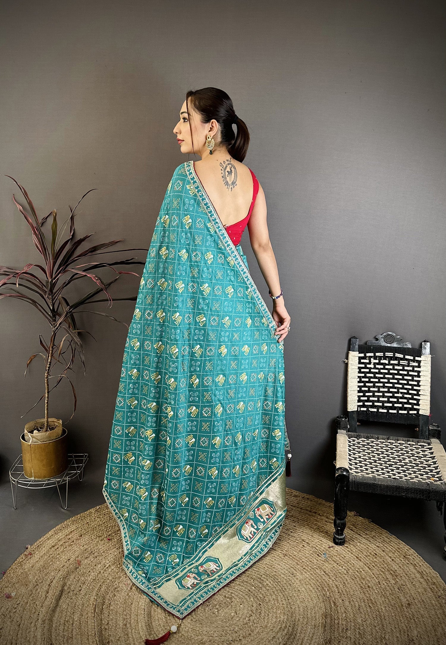 Elora Rama Green Vichitra Silk Animal Motifs Foil Print Sequence Embroidery Work Bandhani Saree | Grocsy