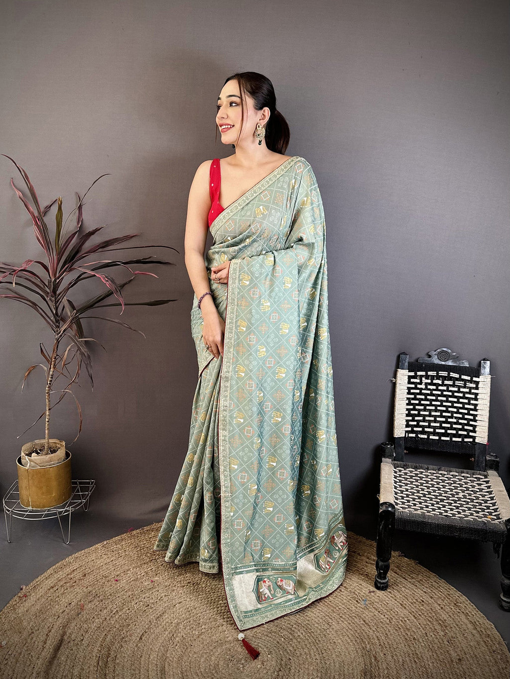 Elora Sea Green Vichitra Silk Animal Motif Foil Print Sequence Embroidery Work Bandhani Saree | Grocsy