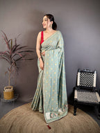Elora Sea Green Vichitra Silk Animal Motif Foil Print Sequence Embroidery Work Bandhani Saree | Grocsy