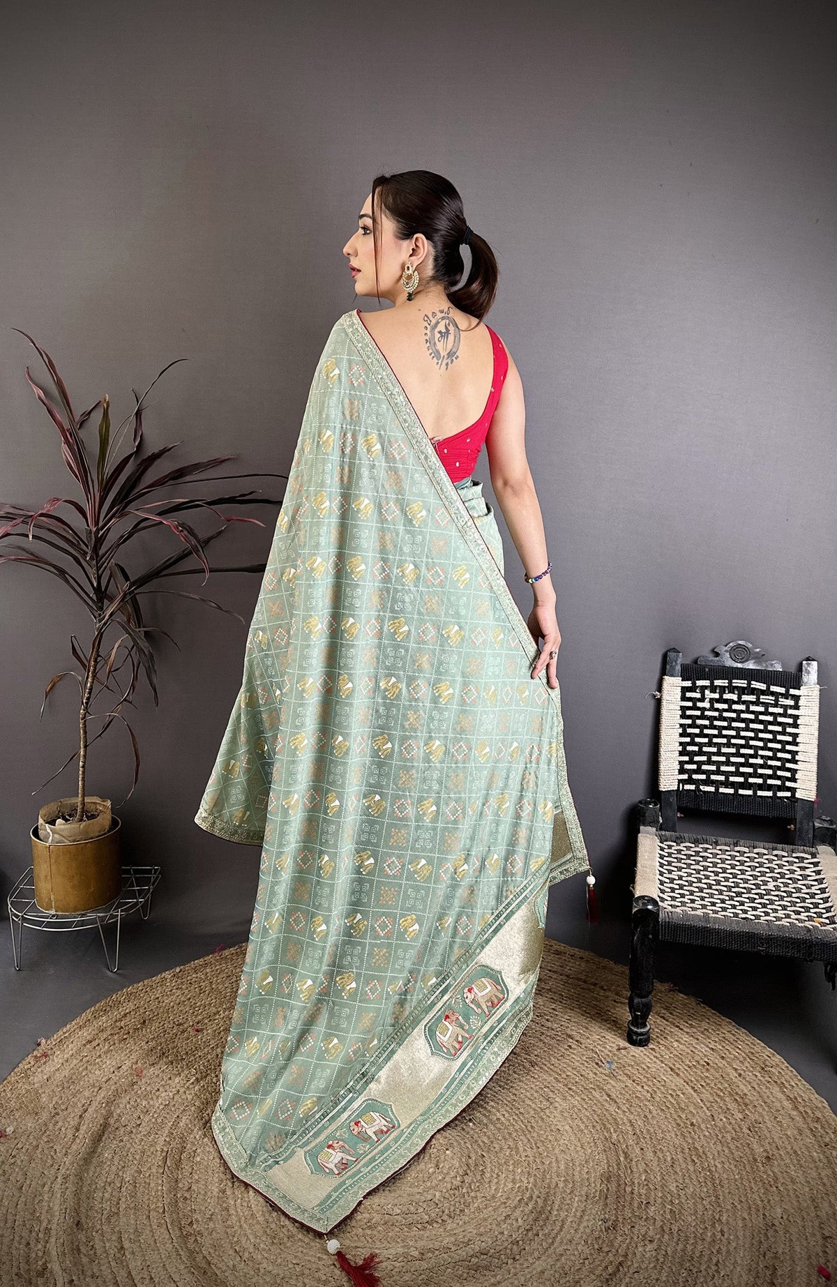 Elora Sea Green Vichitra Silk Animal Motif Foil Print Sequence Embroidery Work Bandhani Saree | Grocsy