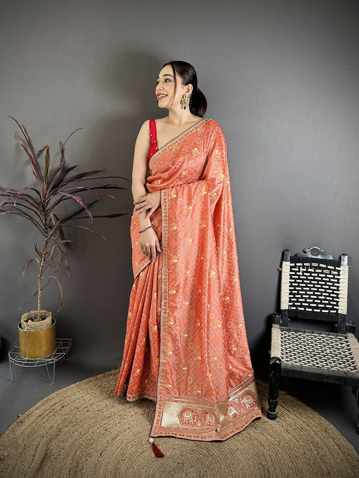 Elora Peach Vichitra Silk Animal Motifs Foil Print Sequence & Zari Embroidery Work Bandhani Saree | Grocsy