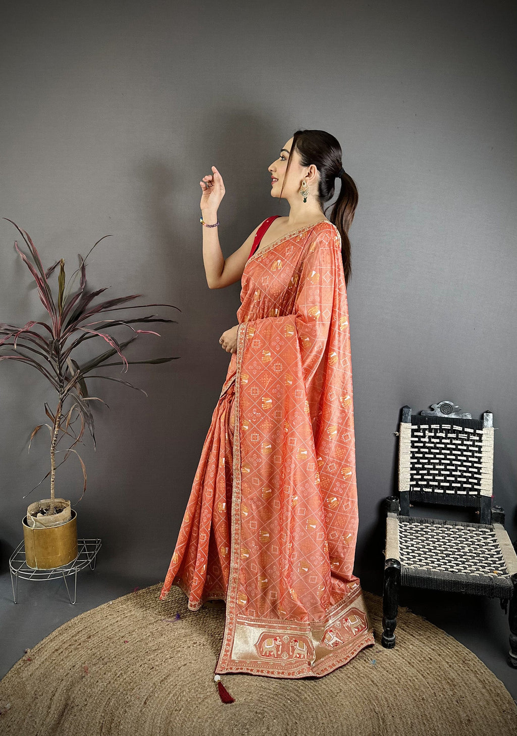 Elora Peach Vichitra Silk Animal Motifs Foil Print Sequence & Zari Embroidery Work Bandhani Saree | Grocsy