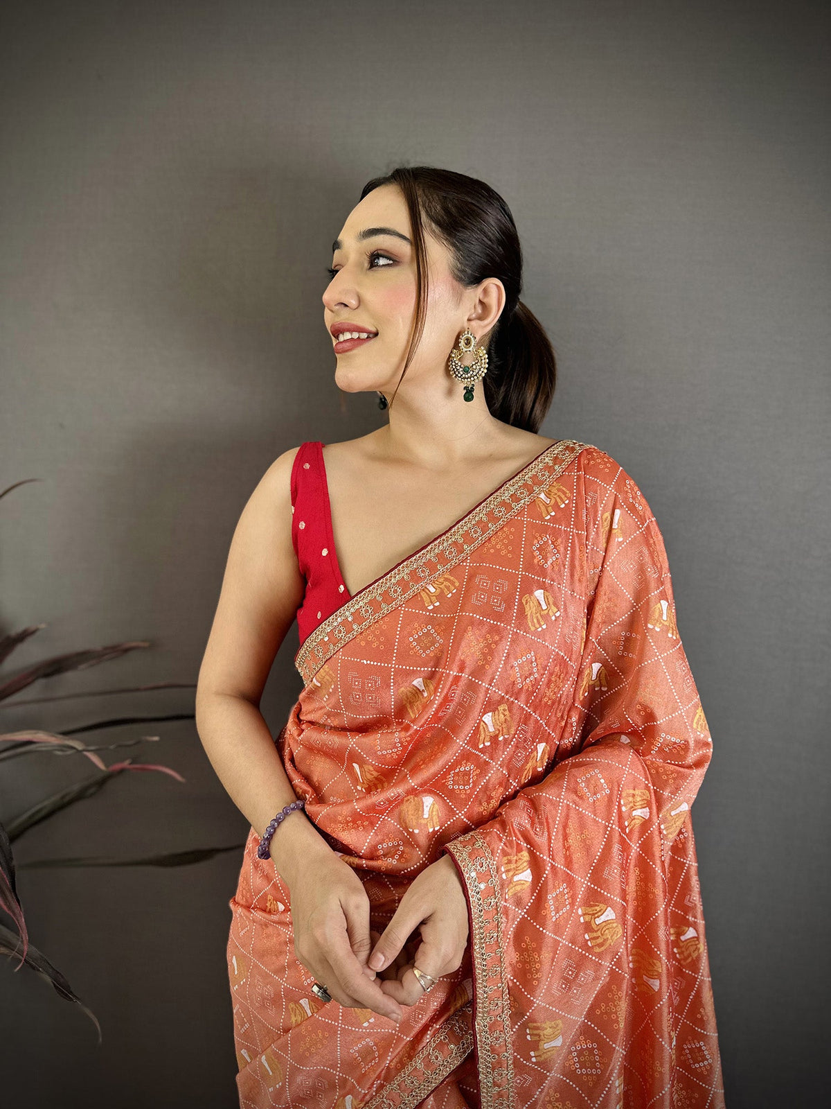 Elora Peach Vichitra Silk Animal Motifs Foil Print Sequence & Zari Embroidery Work Bandhani Saree | Grocsy
