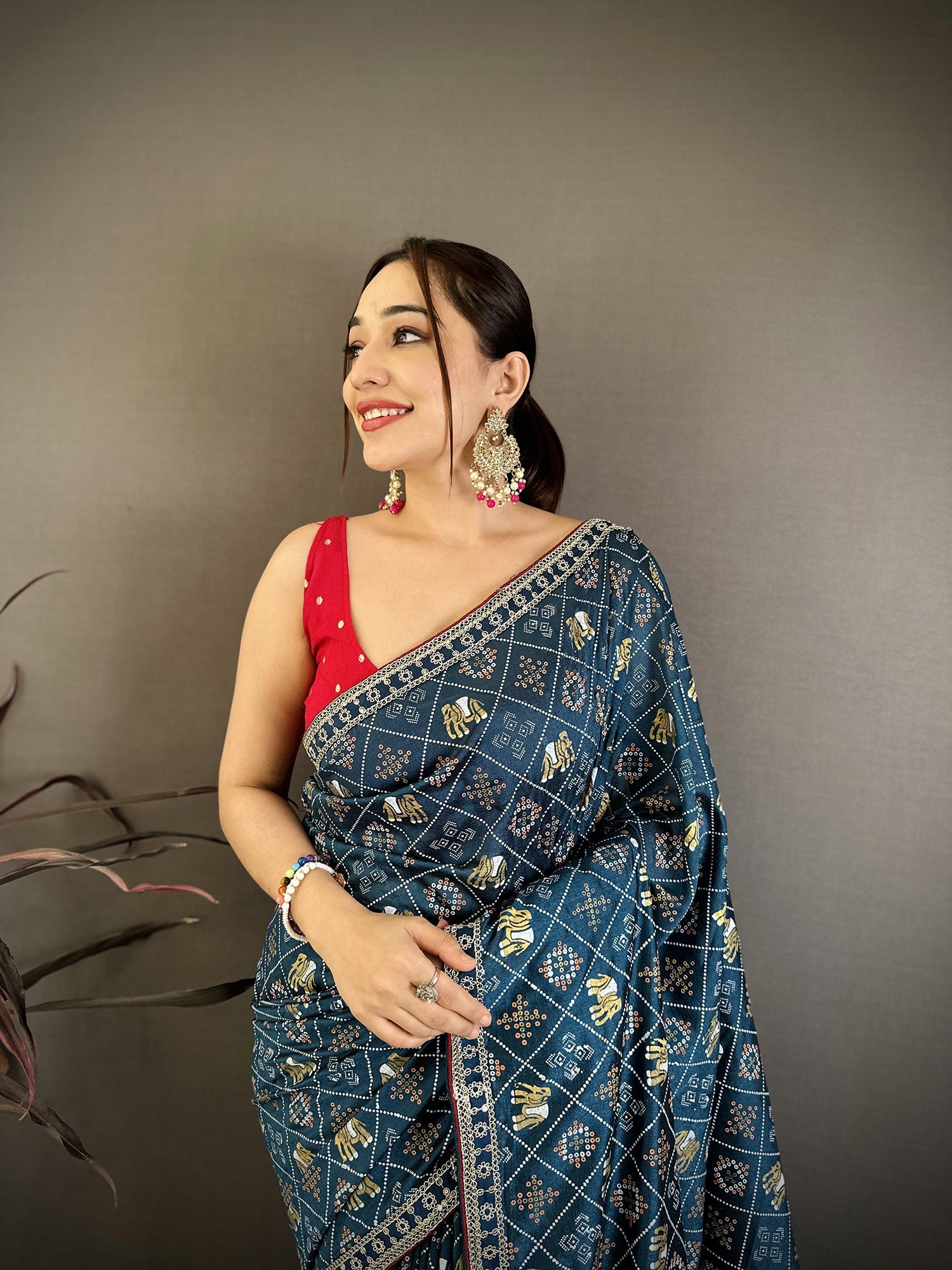 Elora Blue Vichitra Silk Animal Motifs Foil Print Sequence & Zari Embroidery Work Bandhani Saree | Grocsy