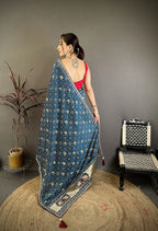 Elora Blue Vichitra Silk Animal Motifs Foil Print Sequence & Zari Embroidery Work Bandhani Saree | Grocsy