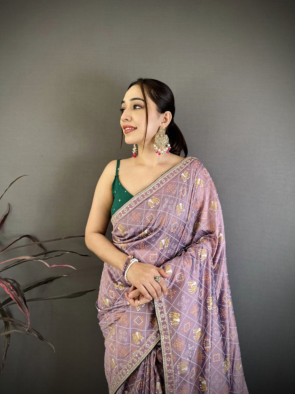 Elora Lavender Vichitra Silk Animal Motifs Foil Print Sequence Embroidery Work Bandhani Saree | Grocsy
