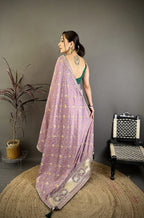 Elora Lavender Vichitra Silk Animal Motifs Foil Print Sequence Embroidery Work Bandhani Saree | Grocsy