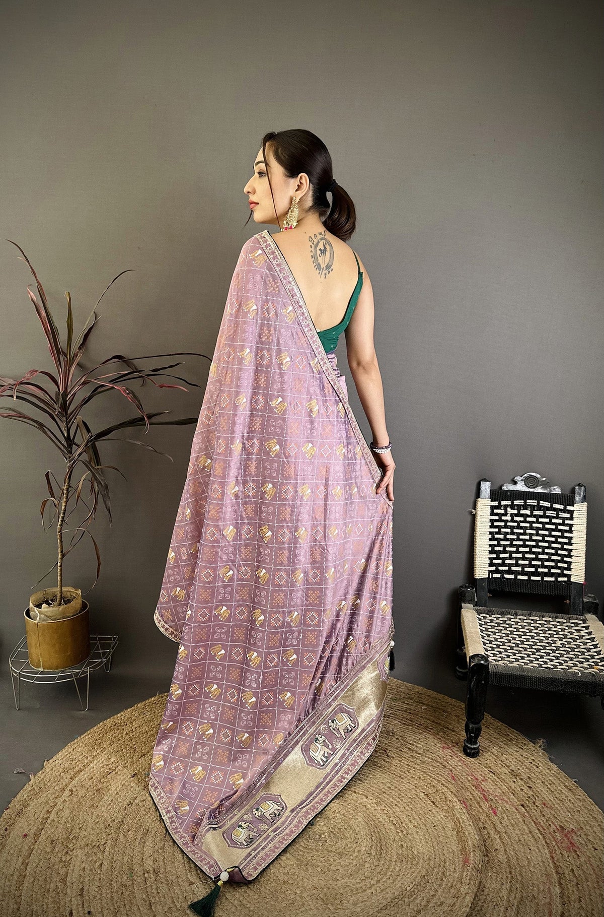 Elora Lavender Vichitra Silk Animal Motifs Foil Print Sequence Embroidery Work Bandhani Saree | Grocsy