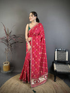 Elora Hot Pink Vichitra Silk Animal Motifs Foil Print Sequence Embroidery Work Bandhani Saree | Grocsy