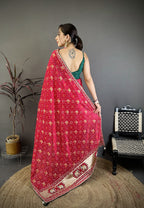 Elora Hot Pink Vichitra Silk Animal Motifs Foil Print Sequence Embroidery Work Bandhani Saree | Grocsy