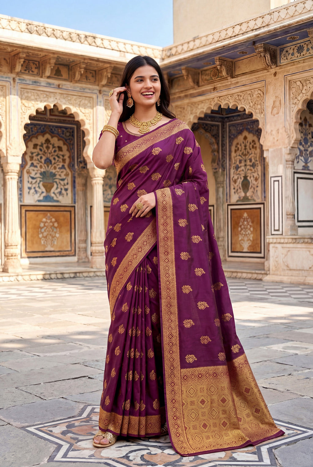 Elora Wine Soft Banarasi Silk Woven Designer Saree | Grocsy