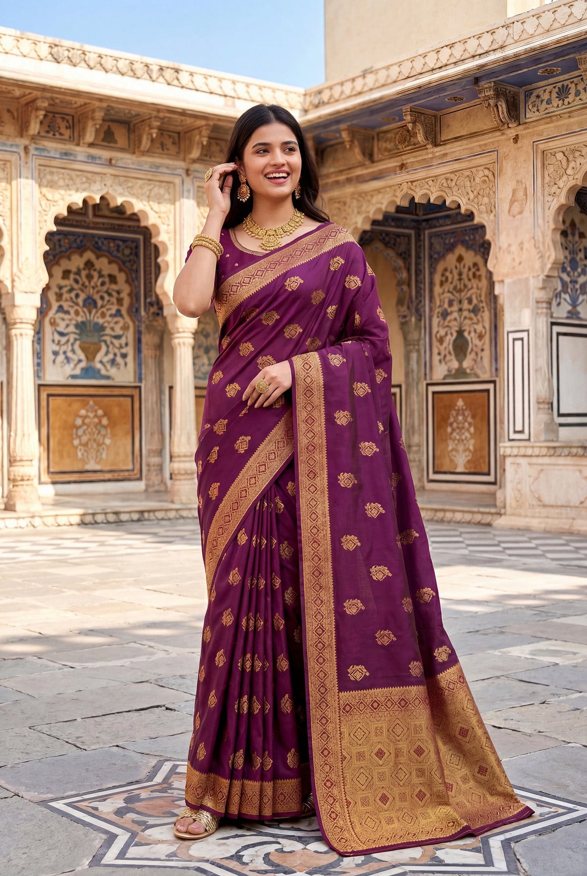Elora Wine Soft Banarasi Silk Woven Designer Saree | Grocsy