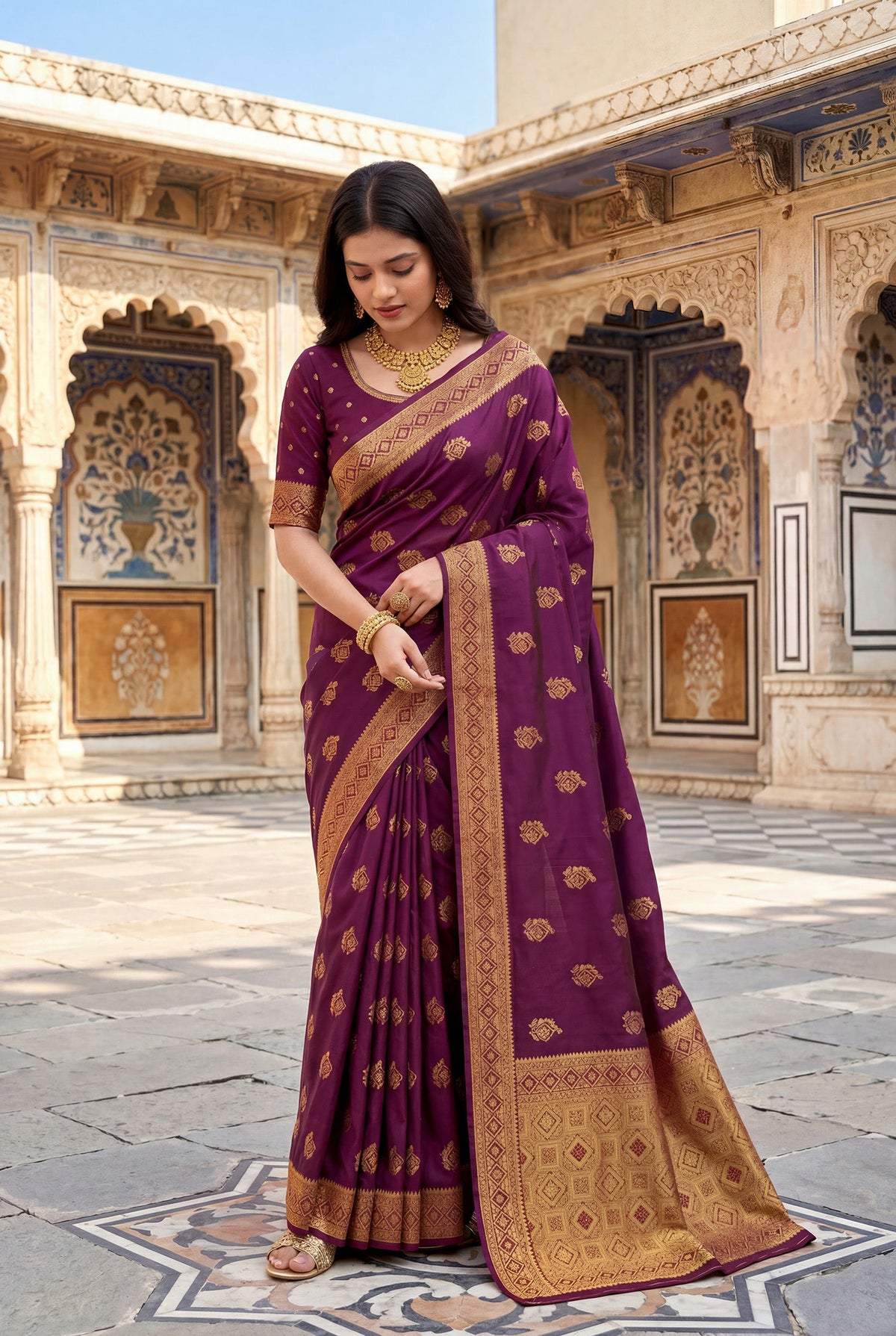 Elora Wine Soft Banarasi Silk Woven Designer Saree | Grocsy