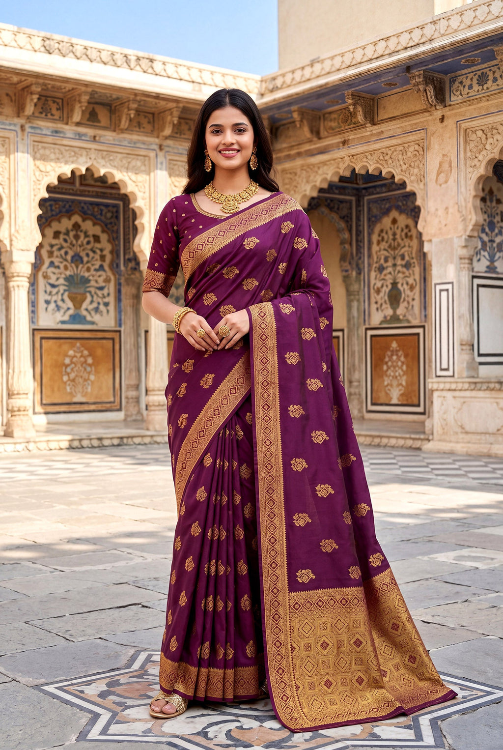 Elora Wine Soft Banarasi Silk Woven Designer Saree | Grocsy