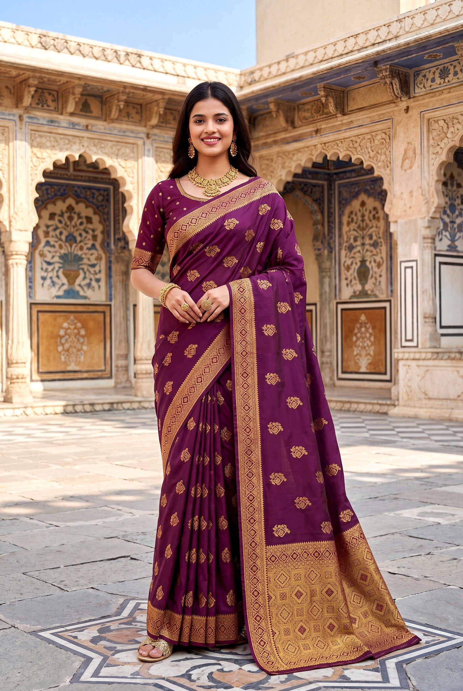Elora Wine Soft Banarasi Silk Woven Designer Saree | Grocsy