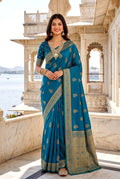Elora Teal Blue Soft Banarasi Silk Woven Designer Saree | Grocsy