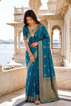 Elora Teal Blue Soft Banarasi Silk Woven Designer Saree | Grocsy