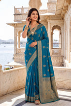 Elora Teal Blue Soft Banarasi Silk Woven Designer Saree | Grocsy