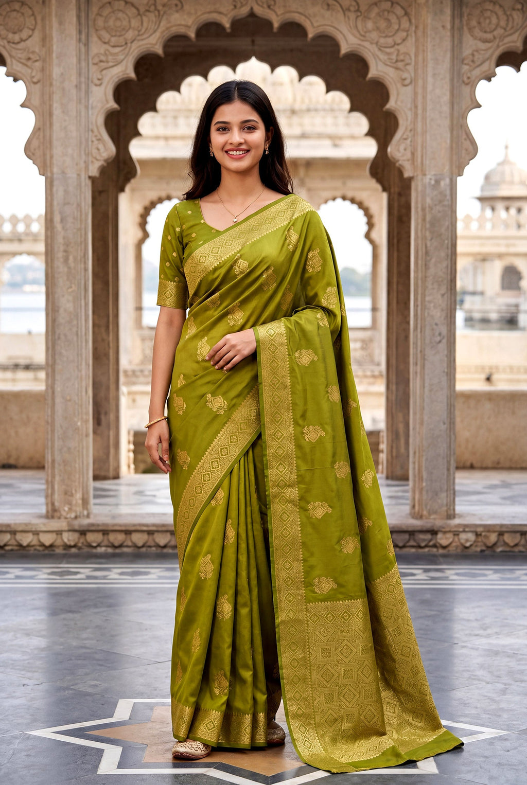 Elora Light Green Soft Banarasi Silk Woven Designer Saree | Grocsy